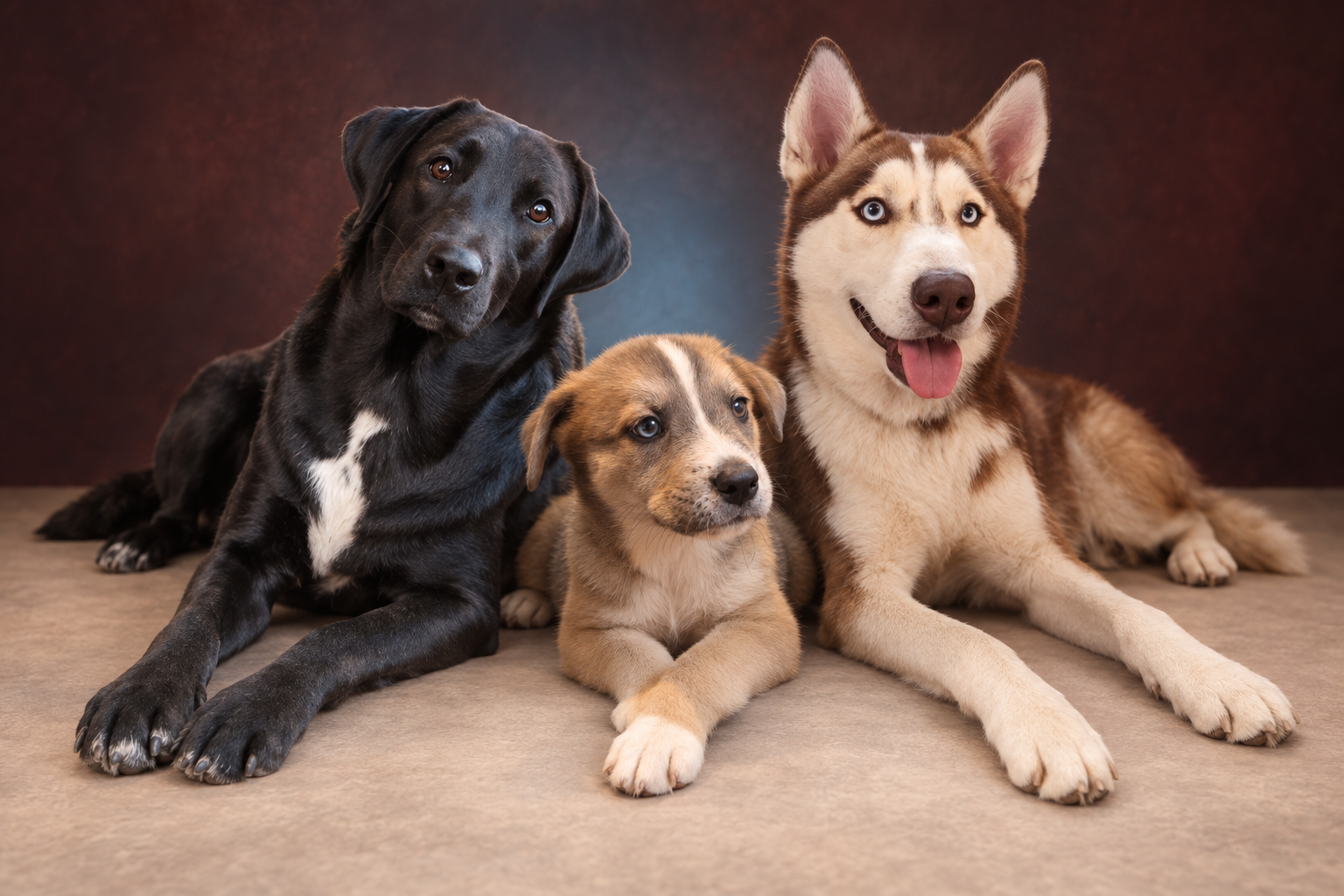 Artistic family composite with Ruckus's Labrador mother, baby Uncle Ruckus, and his Husky father